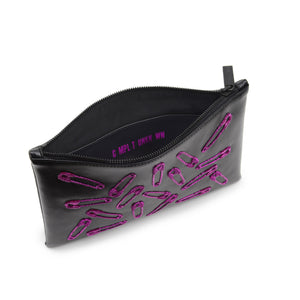 SAFETY PINS EMBROIDERED CLUTCH (FUCHSIA)