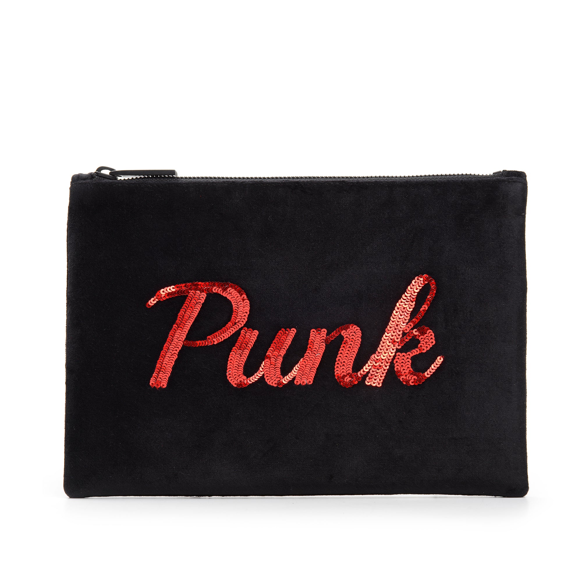 TEXT EMBROIDERED CLUTCH BAG