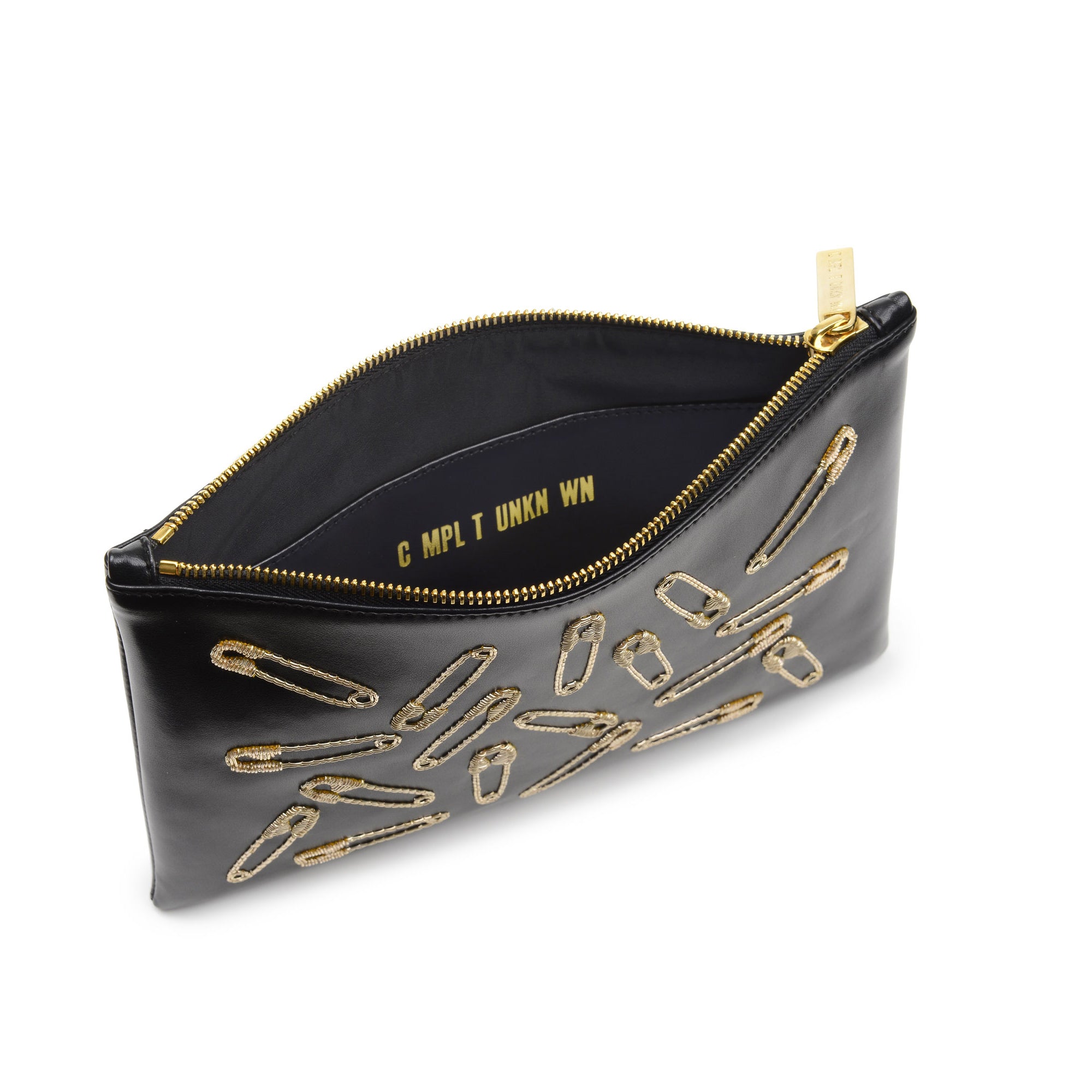 SAFETY PINS EMBROIDERED CLUTCH (GOLD)