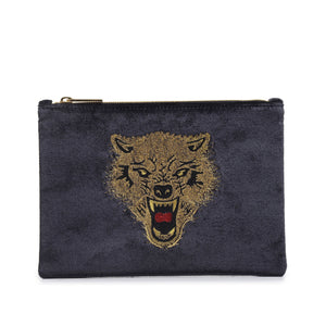 WOLF EMBROIDERED CLUTCH BAG